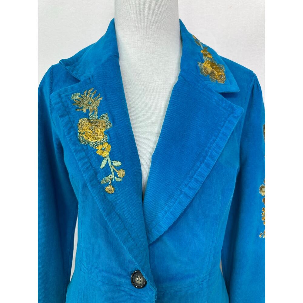 True Meaning Blue Corduroy Floral Embroidered Blazer Jacket Y2K Boho Large - Picture 4 of 12